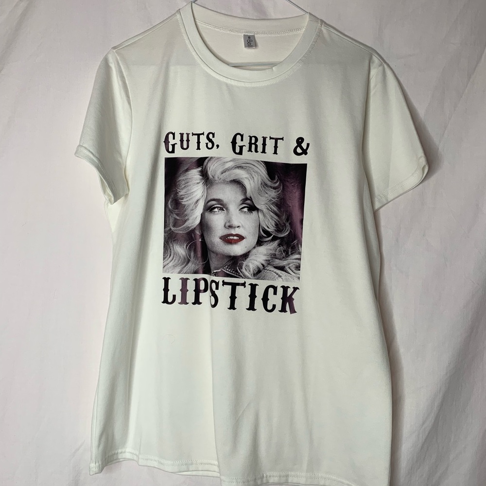 Belleet Dolly Parton T-shirt iron-on Guts, Grit & Lipstick S